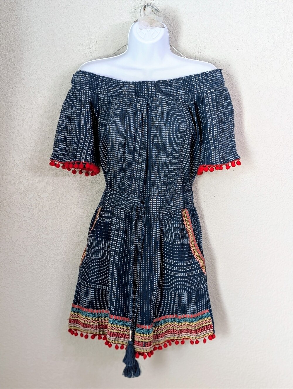 THML x Anthropologie Lacey Pommed Off The Shoulder Romper Size S Boho Embroidery